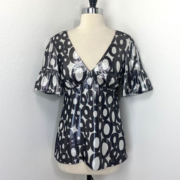 Trina Turk Woman Blouse Top Small Silk Black White Circle Short Sleeve Baby Doll - Picture 1 of 11